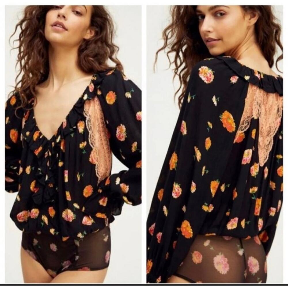 Free People Black Floral Lace-Trim Bodysuit
